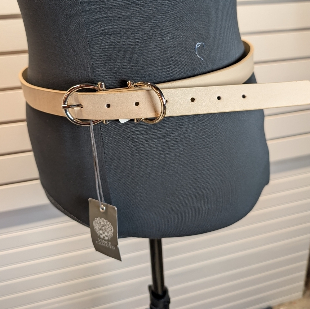 Vince Camuto Double Buckle Vegan Leather Cream Belt Size L NWT